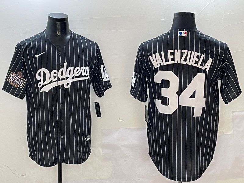 Men Los Angeles Dodgers 34 Valenzuela Black Stripe Jointly Name 2025 Nike MLB Jersey style 2